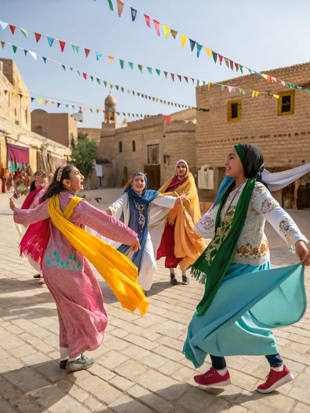 A vibrant image of a community festival, featuring traditional Millau dancers in colorful costumes performing in the town square, illustrating SPCIPM's community cultural events.