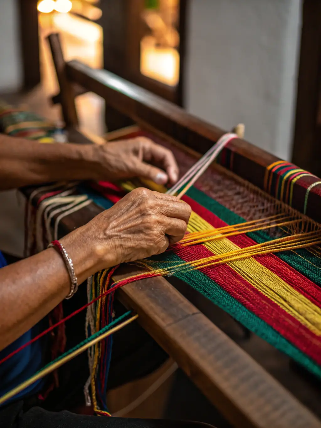 An image of participants learning traditional weaving techniques, using a loom and colorful threads, during a cultural heritage workshop organized by SPCIPM.