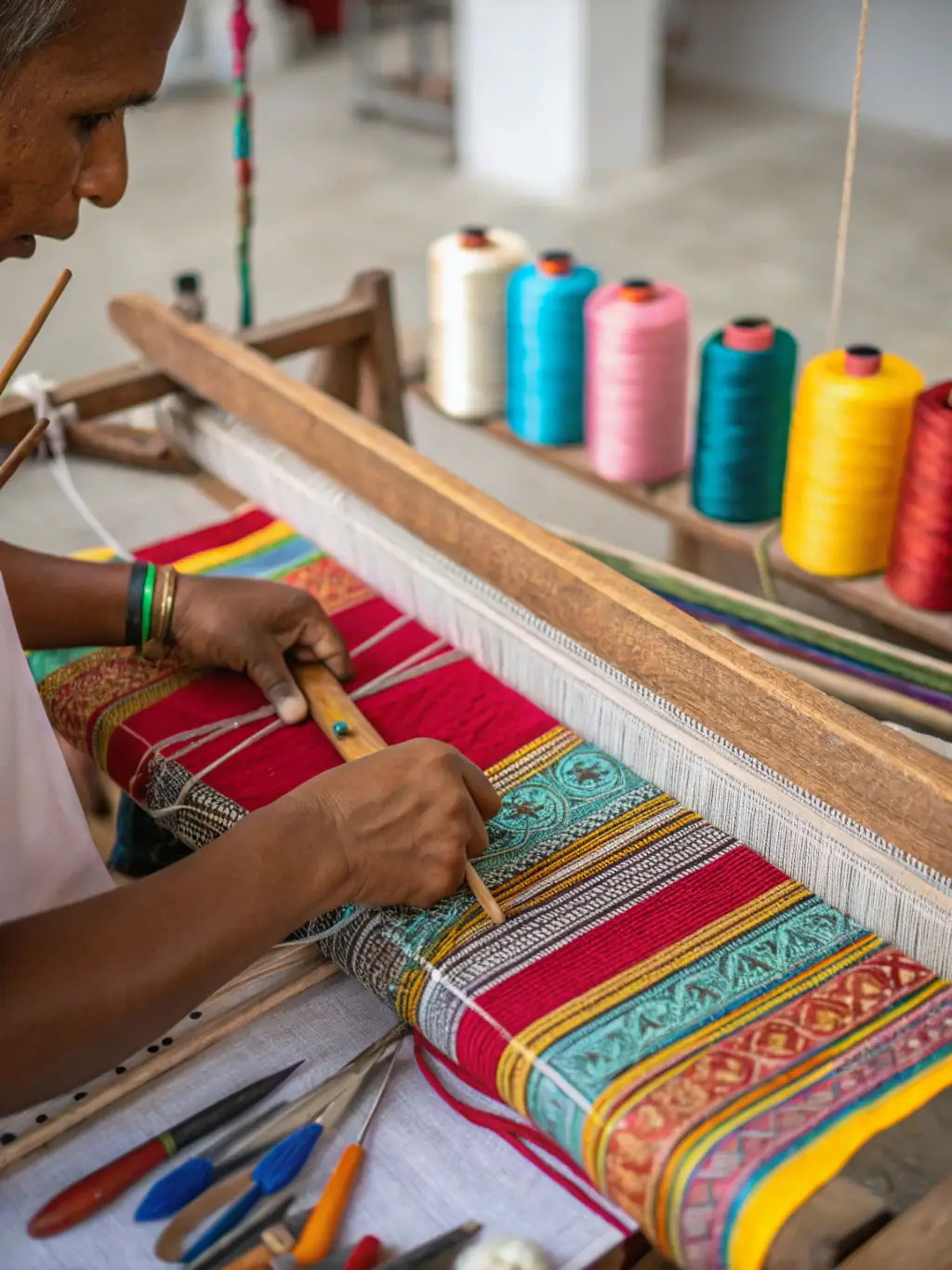 A vibrant photo of participants engaging in traditional craft-making during a Cultural Heritage Workshop in Millau, showcasing hands-on learning and community involvement.