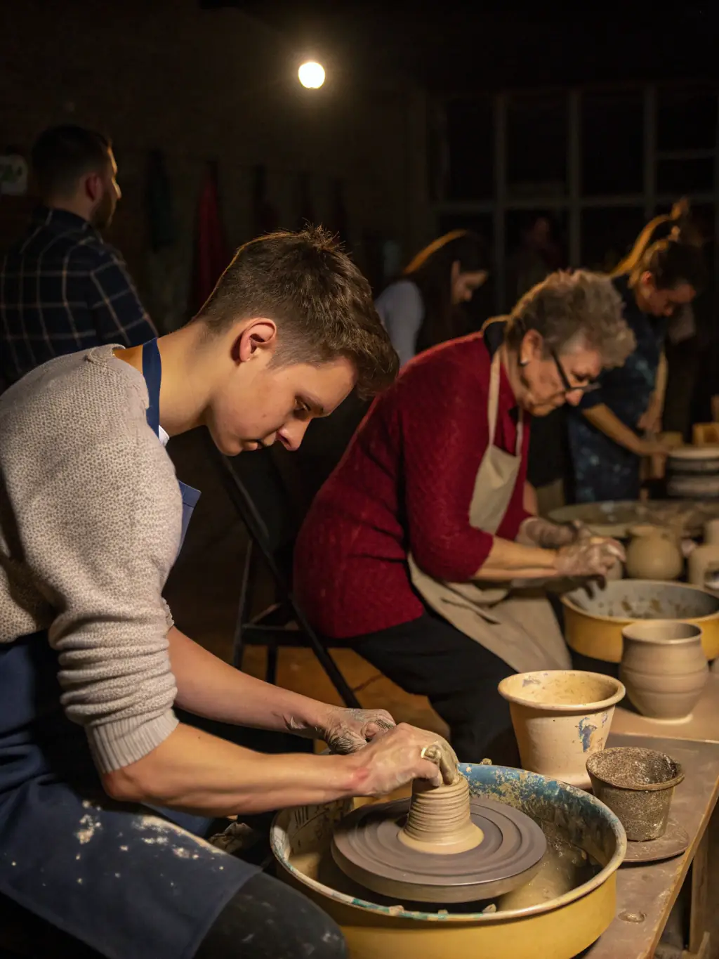 A photograph capturing children participating in a traditional pottery workshop, learning to mold clay under the guidance of a local artisan, showcasing SPCIPM's educational programs.