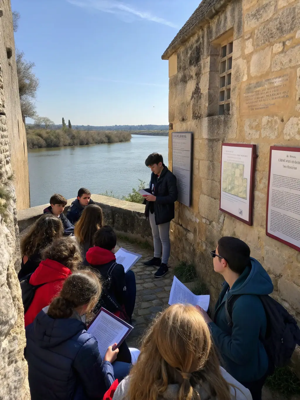 A photo of students on a guided tour of a historical site in Millau, with a knowledgeable guide explaining the significance of the location, representing SPCIPM's educational programs for schools.
